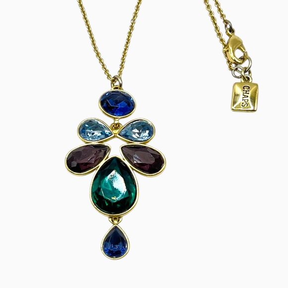 Colorful Rhinestone Statement Necklace Gold Tone Pendant Long Art Nouveau Style - Picture 1 of 8